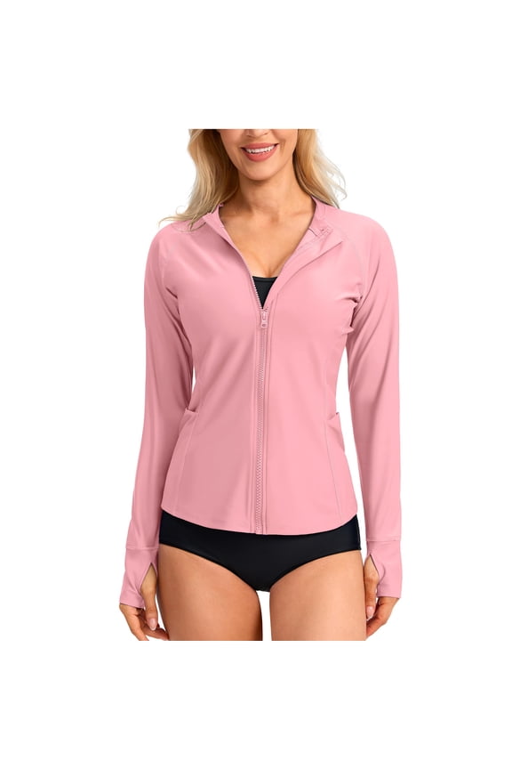 Women's UPF 50+ Rash Guard Full Zip Long Sleeve Sun Protection Swim Jackets with Pockets Thumb Holes for Swimming Surfing Beach Wear