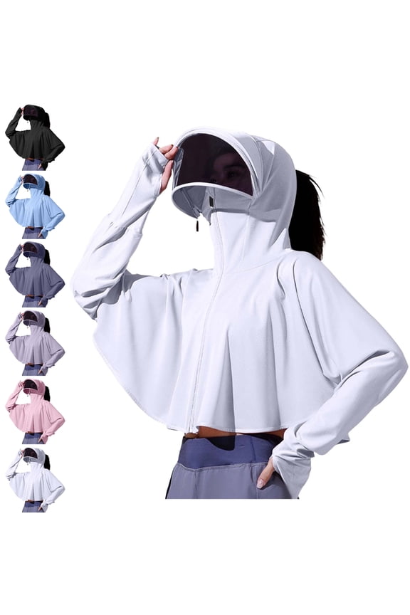 Women's UPF 50+ Sun Protection Jackets Hooded with Face Cover Visor UV Coat Thumb Holes Quick Dry for Outdoor Driving Hiking