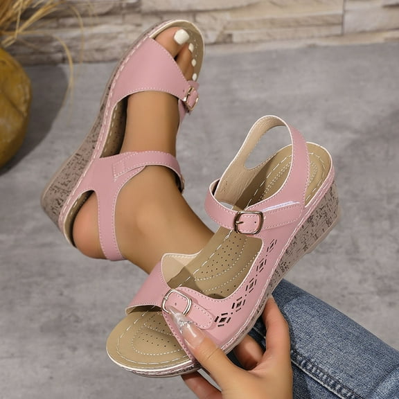 Viluyesy Women's Wedge Sandals, Adjustable Buckle Open Toe Soft Sole Comfortable Fashion Shoes Pink 6