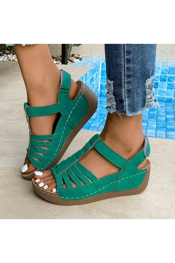 Women's Wedge Sandals, Arch Support Round Toe Breathable Comfort Ladies Casual Platform Shoes Green