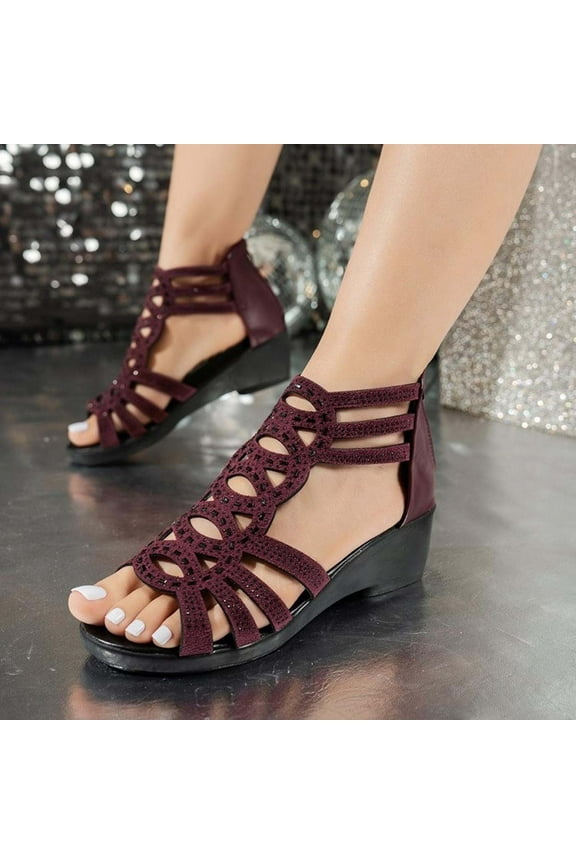 Women's Wedge Sandals, Back Zipper New Style Rhinestone Peep Toe Summer Fashion Gladiator Sandals Wine