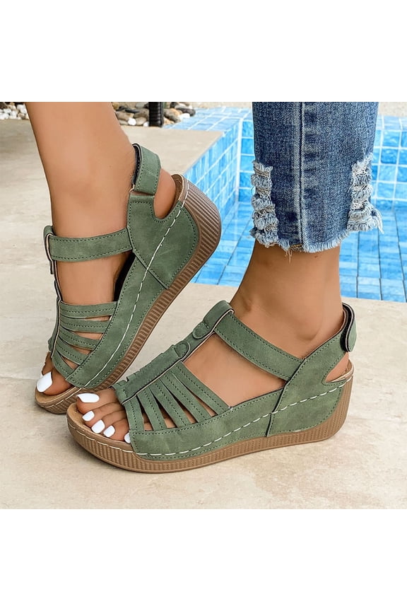 Women's Wedge Sandals, Breathable Comfort Arch Support Round Toe Ladies Casual Platform Shoes Army Green