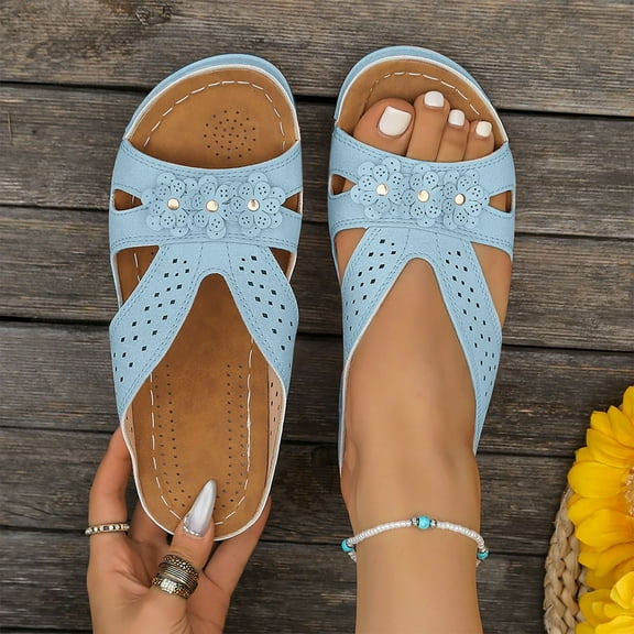 Viluyesy Women's Wedge Sandals, Floral Hollow Up Arch Support Open Toe Wide Width Comfortable Slides Shoes Sky Blue