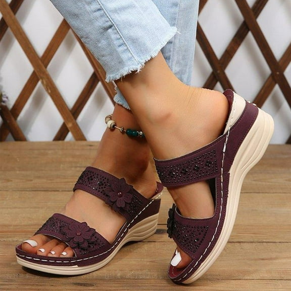 Viluyesy Women's Wedge Sandals, Floral Hollow Up Arch Support Wide Width Soft Sole Slip-On Comfortable Shoes Red