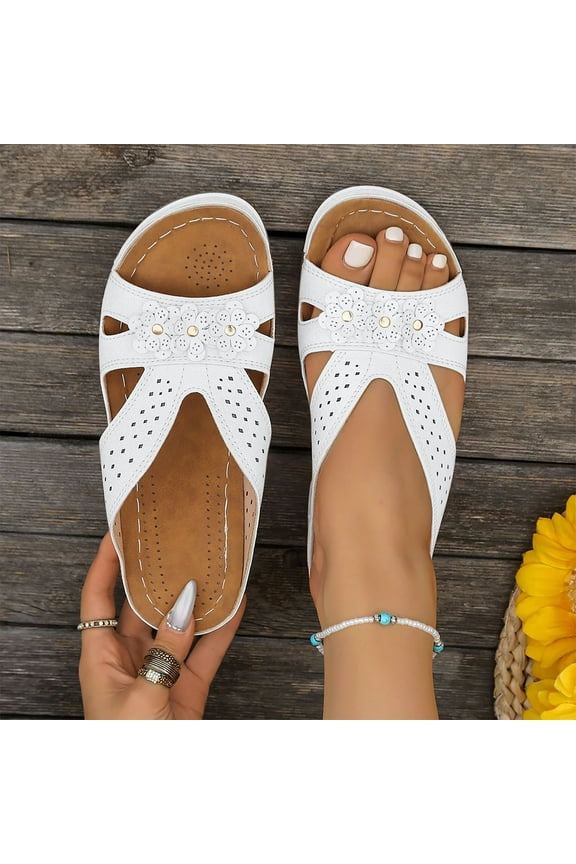 Women's Wedge Sandals, Floral Hollow Up Open Toe Arch Support Wide Width Comfortable Slides Shoes White