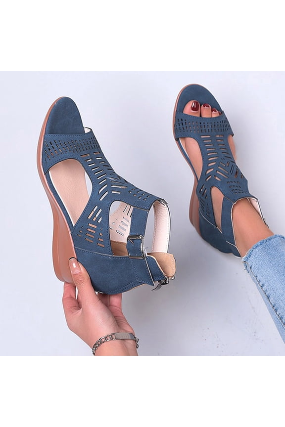 Women's Wedge Sandals, Hollow Up Zipper Back Open Toe Summer Fashion Roman Gladiator Shoes Blue