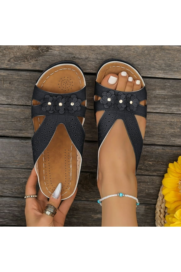 Women's Wedge Sandals, Open Toe Arch Support Floral Hollow Up Wide Width Comfortable Slides Shoes Black