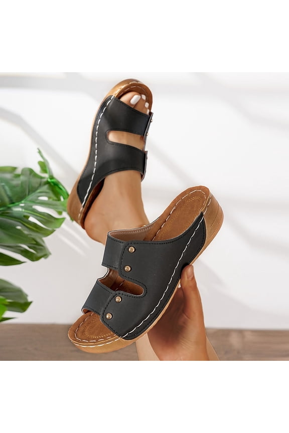Women's Wedge Sandals, Open Toe Arch Support Wide Width Casual Comfortable Slip-On Shoes Black