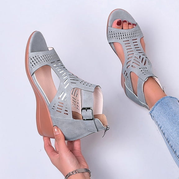 Viluyesy Women's Wedge Sandals, Open Toe Hollow Up Zipper Back Summer Fashion Roman Gladiator Shoes Gray