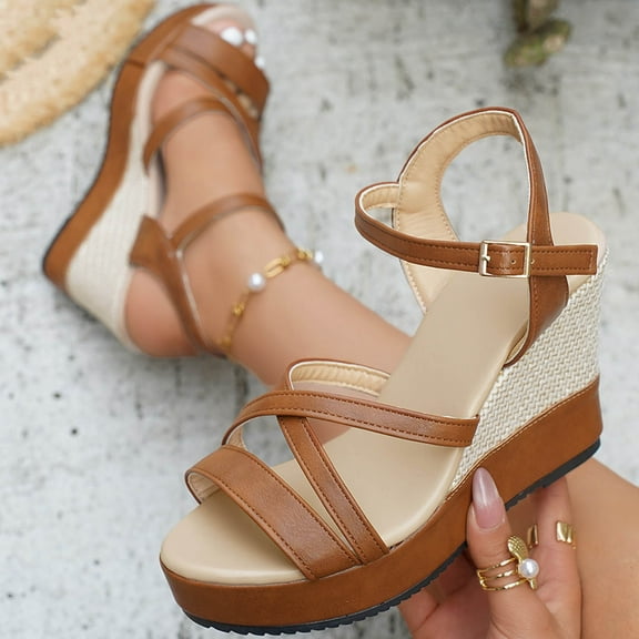 Viluyesy Women's Wedge Sandals, Open Toe Thick Sole Adjustable Strap Summer 2025 Comfortable Shoes Brown 7.5