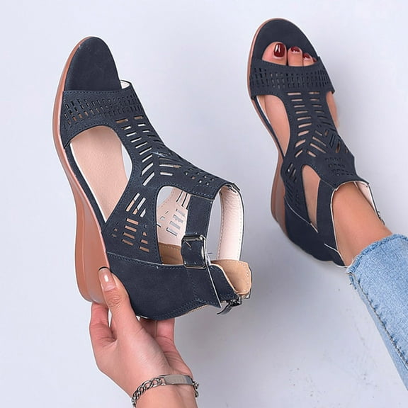 Viluyesy Women's Wedge Sandals, Open Toe Zipper Back Hollow Up Summer Fashion Roman Gladiator Shoes Black