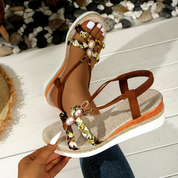 Viluyesy Women's Wedge Sandals, Roman Boho Style Peep Toe Ankle Strap Summer Elegant Gladiator Shoes Coffee 5.5