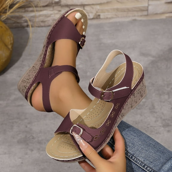 Viluyesy Women's Wedge Sandals, Soft Sole Adjustable Buckle Open Toe Comfortable Fashion Shoes Wine 6