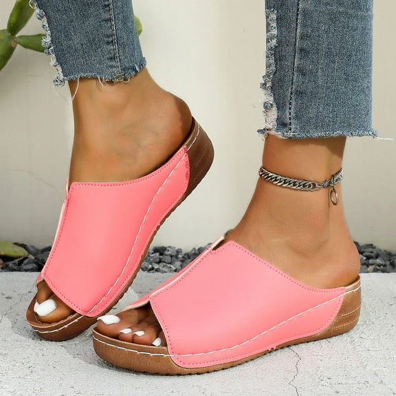 Viluyesy Women's Wedge Sandals, Soft Sole Arch Support Solid Color Comfortable Slip-On Slides Shoes Pink