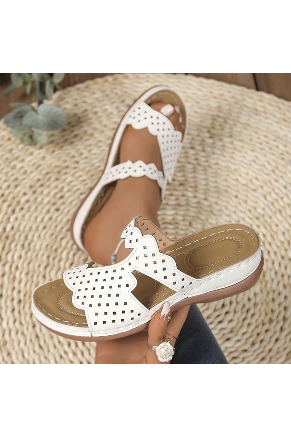 Women's Wedge Sandals, Soft Sole Ruffles Hollow Up Arch Support Casual Comfortable Slip-On Slides Shoes Black