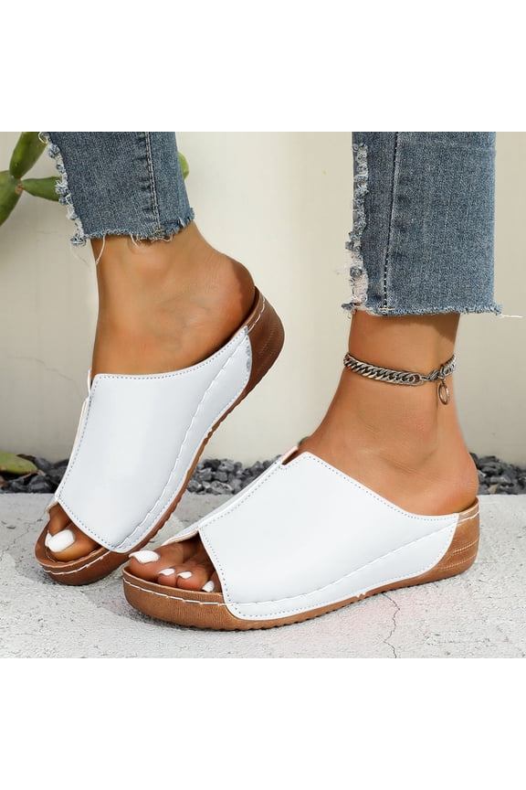 Women's Wedge Sandals, Soft Sole Solid Color Arch Support Comfortable Slip-On Slides Shoes White