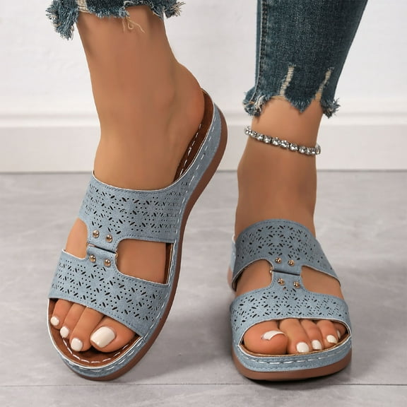 Viluyesy Women's Wedge Sandals, Soft Sole Wide Width Round Toe Casual Comfortable Fashion Slides Shoes Blue