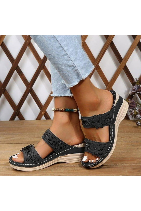 Women's Wedge Sandals, Wide Width Arch Support Floral Hollow Up Soft Sole Slip-On Comfortable Shoes Black