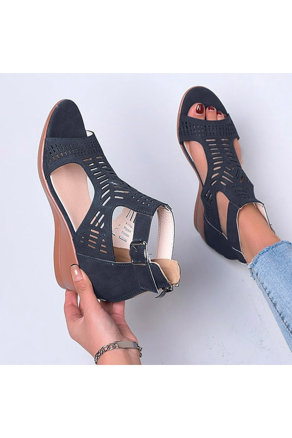 Women's Wedge Sandals, Zipper Back Hollow Up Open Toe Summer Fashion Roman Gladiator Shoes Black