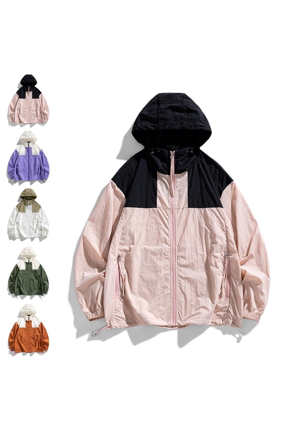 Women's Windbreaker Jackets Full Zip Hooded Color Block Waterproof Lightweight Coat with Pockets Drawstring for Outdoor Hiking Travel Casual Daily Wear