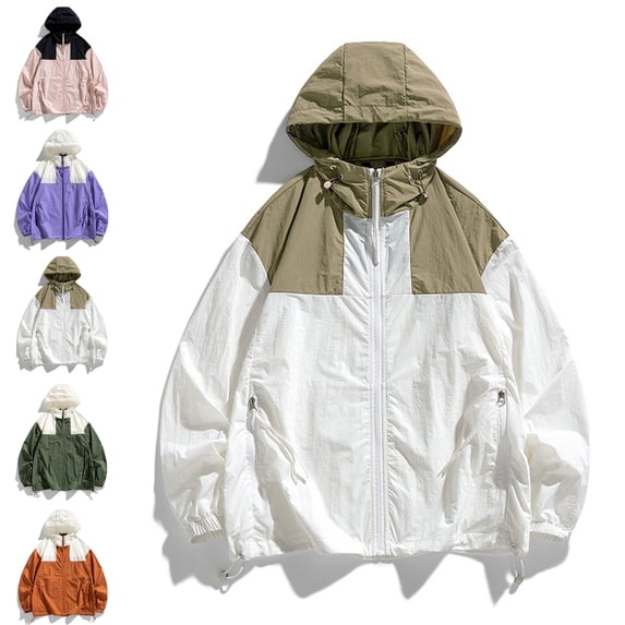 Viluyesy Women's Windbreaker Jackets Full Zip Hooded Color Block Waterproof Lightweight Coat with Pockets Drawstring for Outdoor Hiking Travel Casual Daily Wear