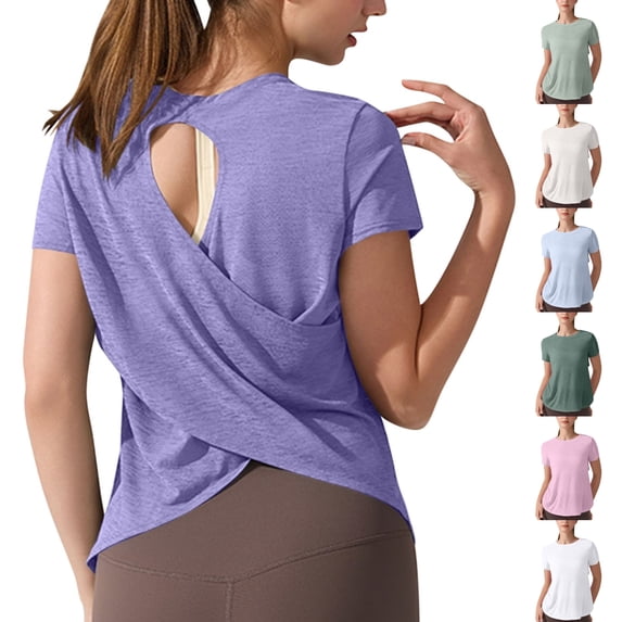 Viluyesy Women's Workout Tops Short Sleeve Athletic Cutout Open Back Twist Quick Dry Yoga Loose Fit Summer Daily T Shirts Purple Size S