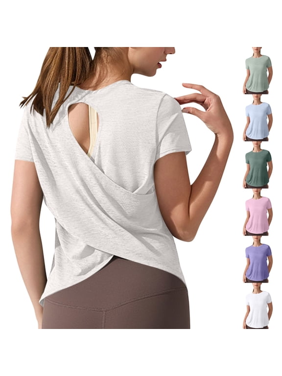 Women's Workout Tops Short Sleeve Quick Dry Open Back Twist Cutout Athletic Yoga Loose Fit Summer Daily T Shirts Beige Size M