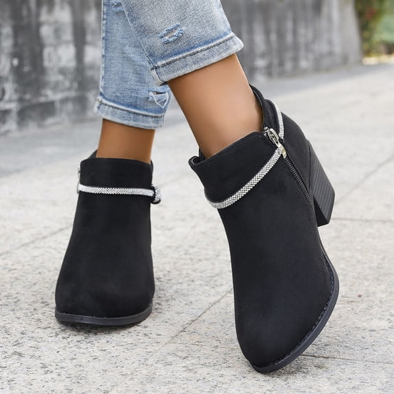 Viluyesy Womens Ankle Booties Round Toe Chunky Block Heel Faux Suede Rhinestone Strap Side Zipper Casual Dress Boots Black Size 6