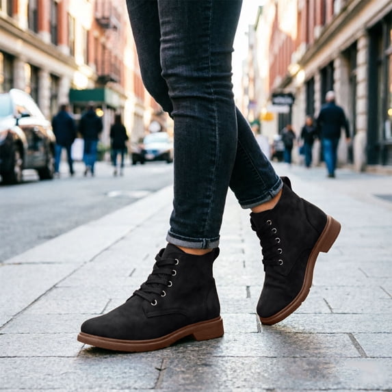Viluyesy Womens Ankle Booties Round Toe Lace Up Flat Lug Sole Matte Faux Suede Pull Tab Daily Walking Boots Black Size 8.5