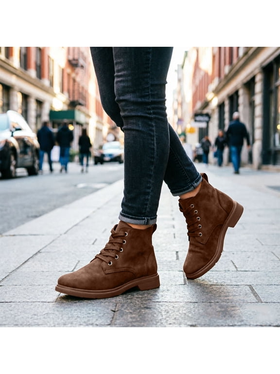 Womens Ankle Booties Round Toe Lace Up Flat Lug Sole Matte Faux Suede Pull Tab Daily Walking Boots Coffee Size 8.5