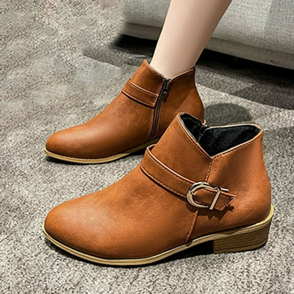 Viluyesy Womens Ankle Booties, Round Toe Low Heels Zipper Fall Winter Fashion Retro Boots Brown US5.5