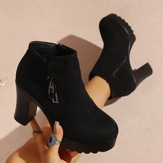 Viluyesy Womens Ankle Booties Round Toe Platform Sole Matte Faux Suede Rhinestone Side Zipper High Block Heel Street Fashion Boots Black Size 9