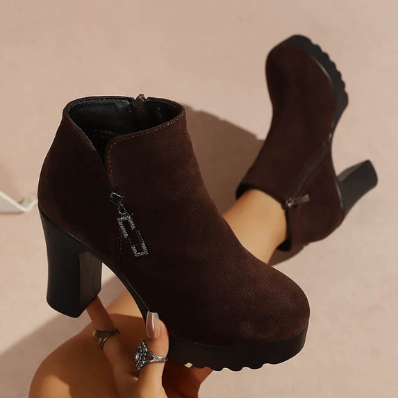 Viluyesy Womens Ankle Booties Round Toe Platform Sole Matte Faux Suede Rhinestone Side Zipper High Block Heel Street Fashion Boots Brown Size 7.5