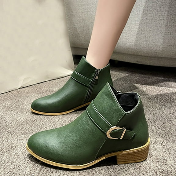 Viluyesy Womens Ankle Booties, Round Toe Zipper Low Heels Fall Winter Fashion Retro Boots Green US5.5