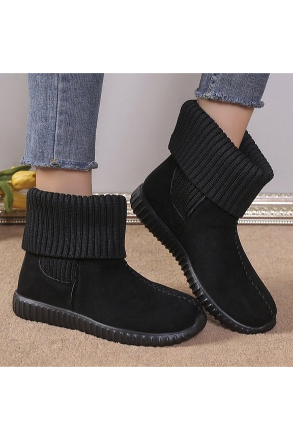 Womens Ankle Booties, Slip-On Flat Bottom Round Toe Winter Comfortable Knitted Booties Black US6