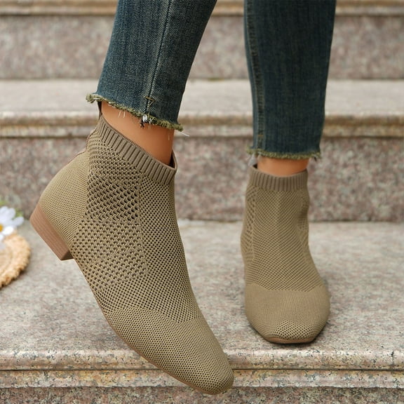 Viluyesy Womens Ankle Boots, Low Heels Wide Width Square Toe Fashion Breathable Comfortable Booties Khaki US8.5