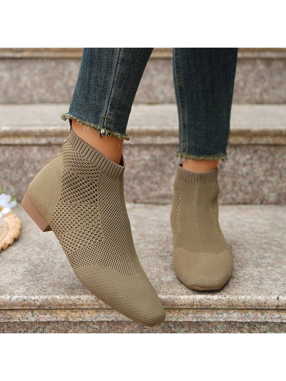 Womens Ankle Boots, Low Heels Wide Width Square Toe Fashion Breathable Comfortable Booties Khaki US8.5