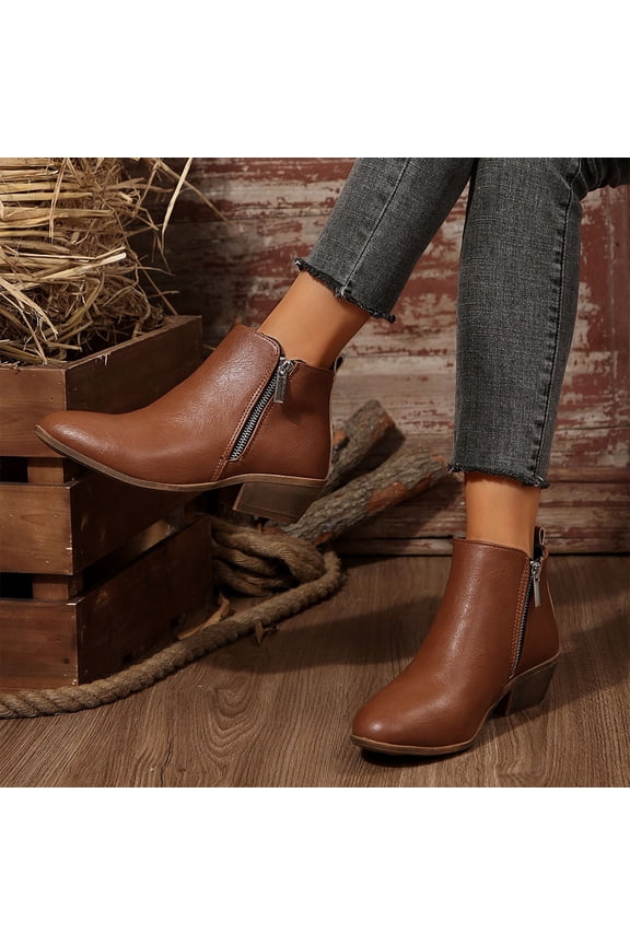 Womens Ankle Boots, Pointed Toe Zip-Up Chunky Heels PU Leather Wide Calf Dress Booties Brown