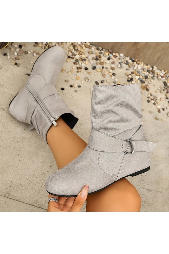 Womens Ankle Boots Round Toe Flat Heel Faux Suede Slouch O-Ring Buckle Side Zipper Casual Fall Boots Gray Size US6