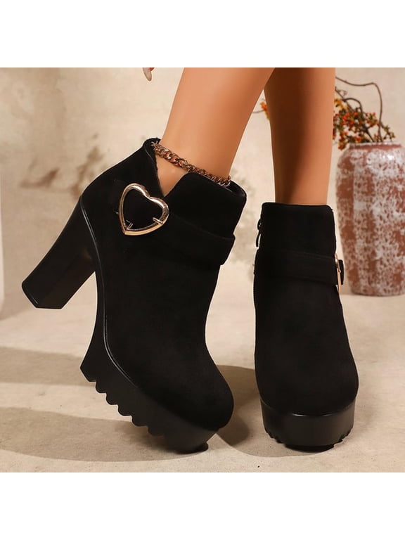 Womens Ankle Boots Round Toe Platform Chunky Heel Faux Suede Heart Shaped Buckle Back Zipper Party Dress Boots Black Size US7.5