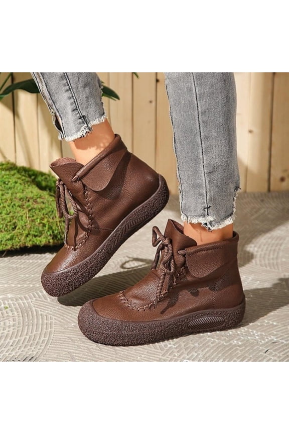 Womens Ankle Boots, Round Toe Soft Sole Lace Up 2025 Fashion Flat Booties Coffee US9