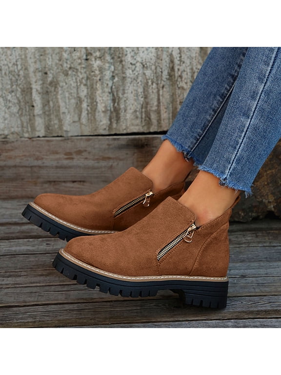 Womens Ankle Boots, Wide Width Mid Heels Zip-Up Comfort Fashion Booties Brown US6.5
