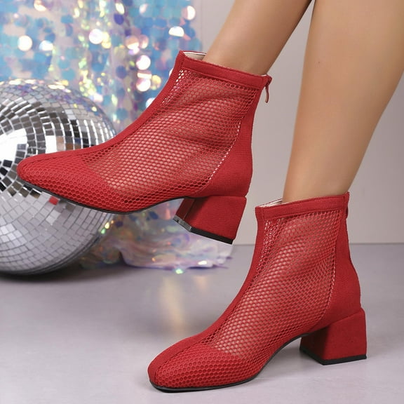 Viluyesy Womens Ankle Boots, Zipper Back Chunky Heels Mesh Breathable Fashion Mid Calf Booties Red US7