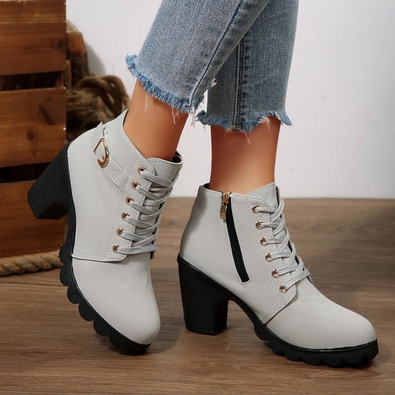 Viluyesy Womens Ankle Combat Boots Round Toe Chunky Block Heel Faux Leather Lace Up Metal Buckle Side Zipper Lug Sole Daily Outdoor Boots Dark Gray Size US9