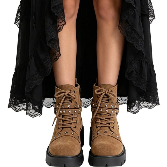 Viluyesy Womens Ankle Combat Boots Round Toe Chunky Lug Platform Sole Matte Faux Suede Lace Up Buckle Straps Gothic Punk Street Boots Khaki Size 5.5
