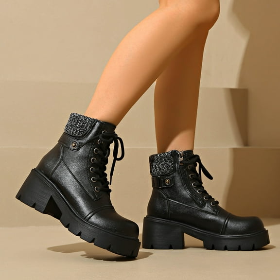 Viluyesy Womens Ankle Moto Boots, Square Toe Lace Up Thicken Heels Winter Fashion Combat Boots Black