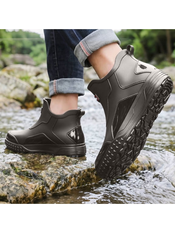 Womens Ankle Rain Boots Round Toe Non Slip Spiked Lug Sole Waterproof Matte Rubber Glossy Toe Cap Pull Tab Outdoor Garden Work Boots Gray Size 10