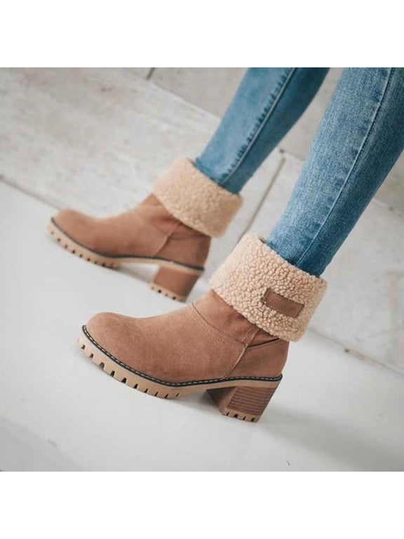 Womens Ankle Snow Boots Round Toe Block Heel Faux Suede Turn Down Sherpa Cuff Lug Sole Side Zipper Winter Fashion Boots Brown Size US8.5