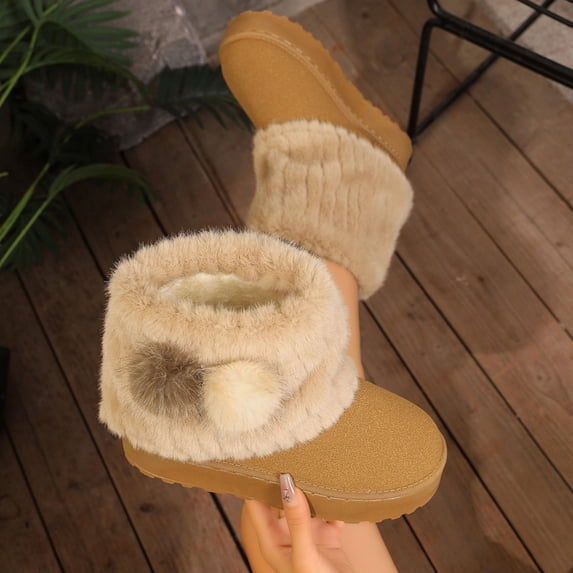 Viluyesy Womens Ankle Snow Boots Round Toe Flat Sole Faux Suede Faux Fur Pom Pom Slip On Warm Outdoor Winter Boots Brown Size US8.5