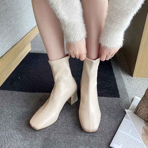 Viluyesy Womens Ankle Sock Boots Square Toe Chunky Block Heel Stretch Faux Leather Back Zipper Office Dating Dress Boots Beige Size US5.5